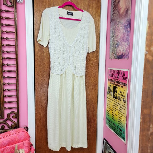 Vintage 90s Cream Crochet Vest Maxi Dress - Picture 5 of 9